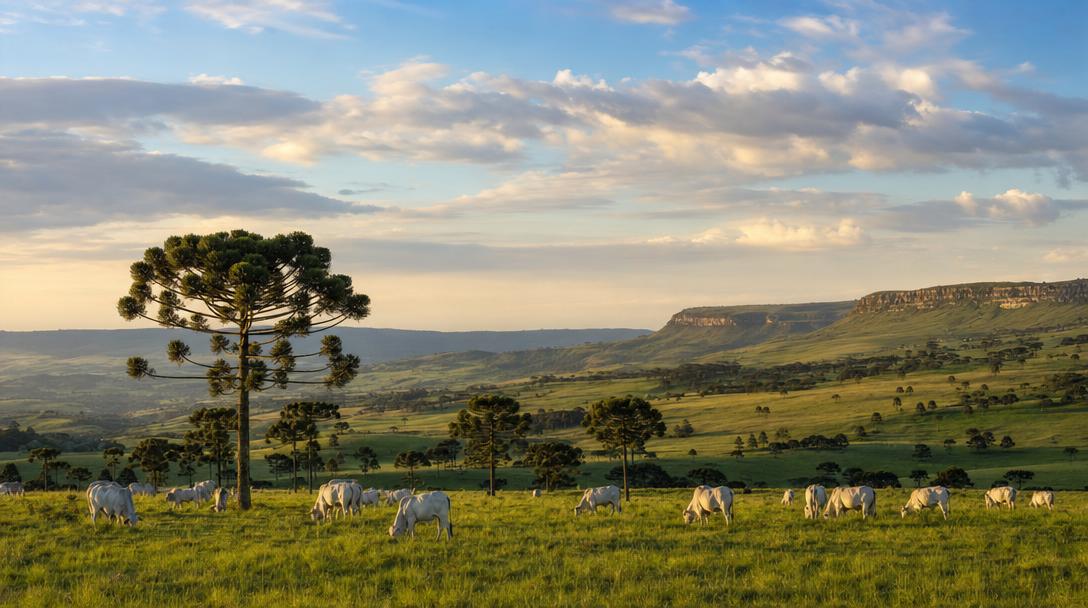 Paisagem dos Campos Gerais do Paraná com gado no pasto, região de atendimento da JCM