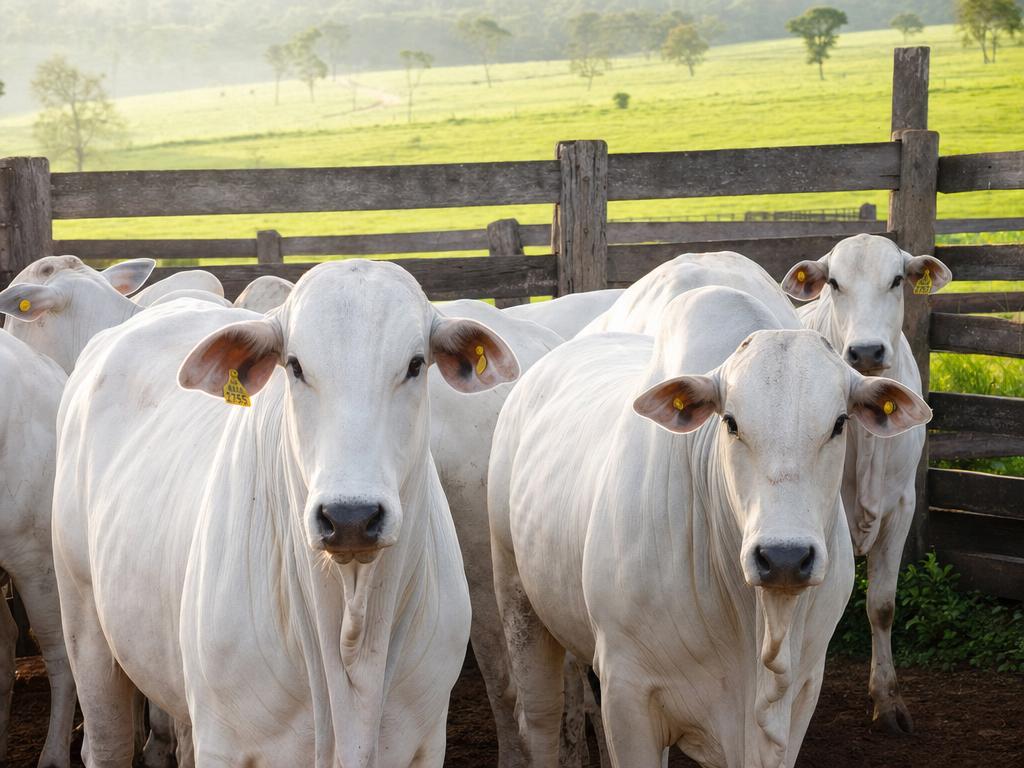 Bois nelore calmos no curral antes do embarque, cuidado com o bem-estar animal