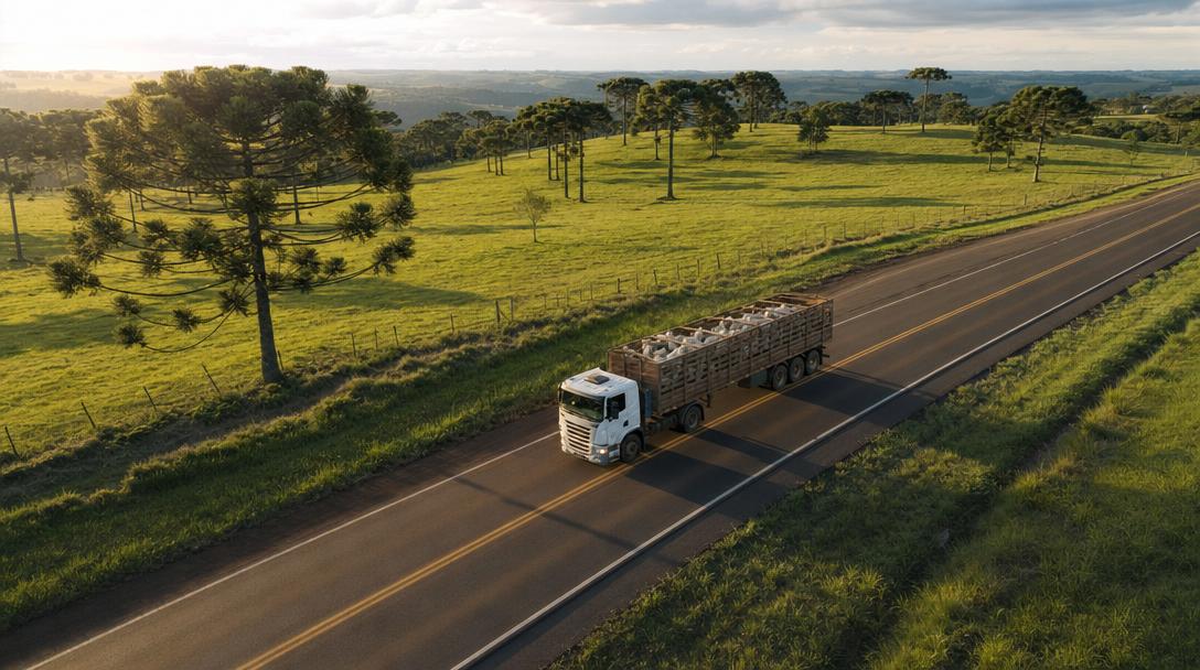 Vista aérea do caminhão boiadeiro da JCM na rodovia, transporte de bovinos entre cidades